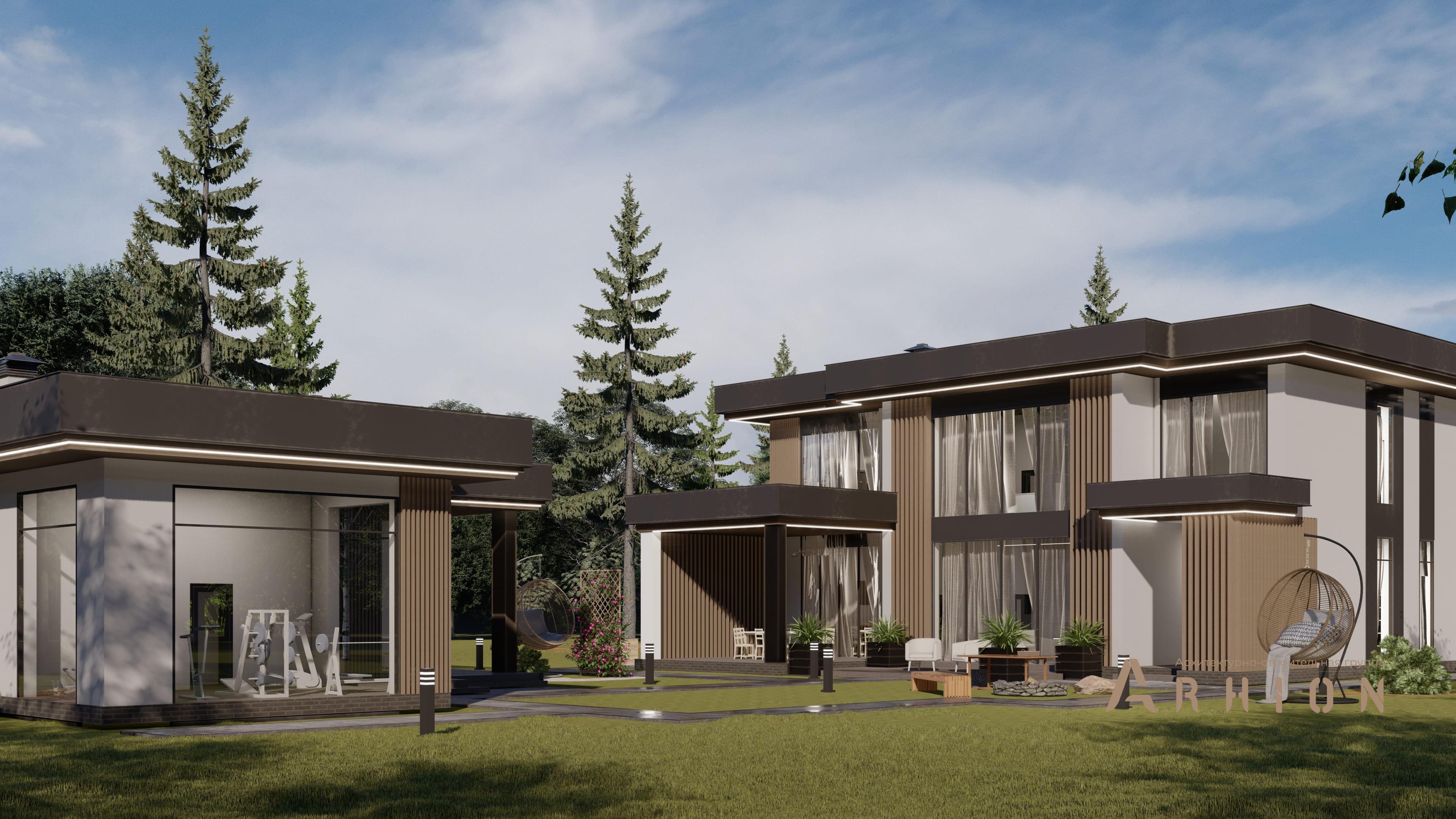 9. Проект двухэтажного дома в стиле хай-тек с плоской кровлей , H-079, площадью - 325 кв c терассой, балконом, гаражом